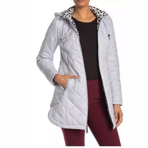 Laundry Shelli Segal Quilted Coat, Zip Up, Hooded Parka PUFFER, Blue Grey